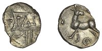 British Iron Age, CATUVELLAUNI, Tasciovanus (c. 25 BC - AD 10), silver Unit, Stag type, ta[sci] in panel on vertical...