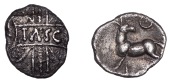 British Iron Age, CATUVELLAUNI, Tasciovanus (c. 25 BC - AD 10), silver Unit, Stag type, tasc in panel on vertical...