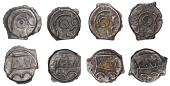 British Iron Age, CANTII, cast Potin Units (4), Angular Bull type, outline head right, central pellet, rev. outline...