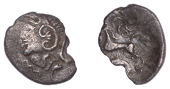British Iron Age, BELGAE, Uninscribed issues, silver Unit, Mossop Helmet type, helmeted head left, wiggly line and...