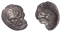 British Iron Age, BELGAE, Uninscribed issues, silver Unit, Mossop Helmet type, helmeted head left, wiggly line and...