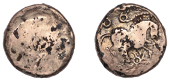 British Iron Age, TRINOVANTES, Uninscribed issues, a plated contemporary imitation of a gold Stater, Late Whaddon...