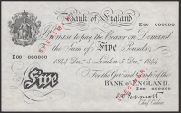 Bank of England, Kenneth O. Peppiatt, specimen £5, serial number E00 000000, two red SPECIMEN overprints obverse,...