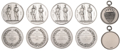 National Rifle Association, 1957, a silver prize medal, archer and rifleman standing holding arms, rev. named...