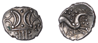 British Iron Age, ICENI, Ecen (c. AD 10-43), silver Unit, Trefoil type, double crescent emblem on vertical wreath,...