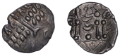 British Iron Age, DUROTRIGES, Uninscribed issues, billon Stater, Omo type, devolved head of Apollo comprising...