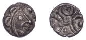 British Iron Age, EAST WILTSHIRE, Uninscribed issues, billon Unit, Potterne Moon Head type, moon head right, three...