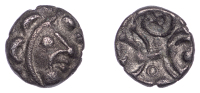 British Iron Age, EAST WILTSHIRE, Uninscribed issues, billon Unit, Potterne Moon Head type, moon head right, three...