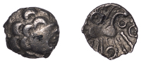 British Iron Age, REGINI, Uninscribed issues, silver Unit, Lyre type, heavy bust right, two thin linked crescents...