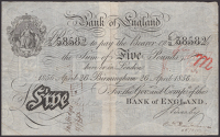 Bank of England, Matthew Marshall, £5, Birmingham, 26 April 1856, serial number K/B 58582, manuscript signature,...