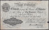 Bank of England, Ernest M. Harvey, £100, Liverpool, 12 September 1923, serial number 43/Y 70249, entirely free of...