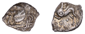 British Iron Age, TRINOVANTES, Dubnovellaunos (c. 5 BC - AD 10), silver Unit, V-Sign type, head right, phallic nose,...