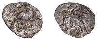 British Iron Age, DOBUNNI, Uninscribed issues, silver Unit, Cotswold Crosses type, moon head right represented by...