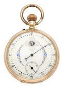 Swiss. A gold open-faced jump hour keyless watch, circa 1895.
Movement: lever escapement.
Dial: white enamel,...