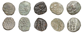 British Iron Age, DUROTRIGES, Uninscribed issues, bronze Staters (5), Hod Hill type, wreath, cloak and crescents,...