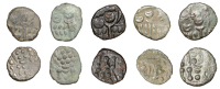 British Iron Age, DUROTRIGES, Uninscribed issues, bronze Staters (5), Hod Hill type, wreath, cloak and crescents,...