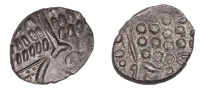 British Iron Age, DUROTRIGES, Uninscribed issues, billon Stater, Omo type, crude wreath motif, hairbar with shallow...