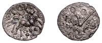 British Iron Age, DOBUNNI, Uninscribed issues, silver Unit, Cotswold Crosses type, moon head right represented by...