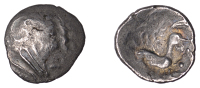 British Iron Age, ATREBATES and REGNI, Uninscribed issues, silver Unit, Hampshire Helmet type, helmeted head left,...