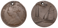 Engraved coins, CORNWALL, Land’s End, Longships Lighthouse, a Victoria Halfpenny, 1874+, the rev. planed flat and...
