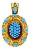 A turquoise pendant, circa 1860, set with a bombé cluster of turquoise cabochons to the centre, the surround...
