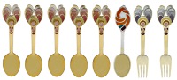 Anton Michelsen: A Danish silver gilt part dessert service, the large finials enamelled with geometric designs, the...