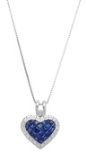 A sapphire and diamond heart pendant, set with calibré-cut sapphires and brilliant-cut diamonds, to a box-link...