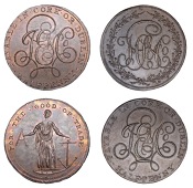18th Century Tokens, Co CORK, Cork, Prattent’s mule Halfpence (2), revs. Hope with anchor and quadrant, 9.08g/6h...