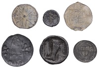 Six individual tokens of specific interest, viz. a uniface copy of a Sixpence, 1614, rev. blank, 4.41g; a vague...