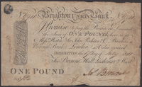 Brighton Union Bank, for Browne, Hall, Lashmar & West, £1, 17 July 1811, serial number Y911, Browne signature,...