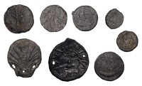 18th century, a patinated group of lead tokens (8), including two possible beggars’ badges, five depicting boats,...
