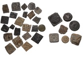 Weights, apothecaries, etc (22), perhaps one or two early communion tokens; others of cruder style (8) [30]. Varied...