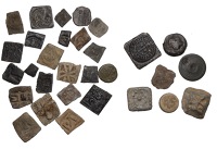 Weights, apothecaries, etc (22), perhaps one or two early communion tokens; others of cruder style (8) [30]. Varied...