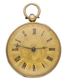 Robins, London. A gold open-faced watch, 1819.
Movement: gilded full plate, chased and engraved balance cock with...