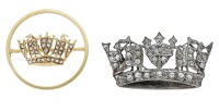 Two naval crown brooches, the first set with seed pearls within a hoop surround, stamped ‘15’, the second set...