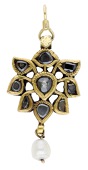 An Indian pearl and diamond pendant, the open cluster set with diamond slices and suspending a pearl drop, measuring...