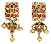 A pair of Indian gem-set earrings, each designed as a square plaque suspending a chandelier drop, set with diamond...