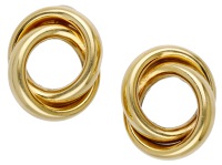 A pair of ear clips, formed of interlocking hoops, stamped ‘750’, maker’s mark ‘W’, length 22mm. 	 £700-£900