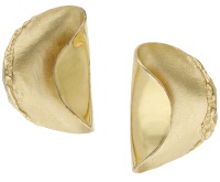 A pair of Danish ear clips by Margit E Collections, the folded discs with polished, brushed and textured detailing,...