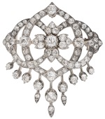 A diamond brooch / pendant, circa 1890, the openwork cartouche formed of interlocking hoops with an applied...
