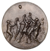 France, “Rugby”, c. 1920, a large and impressive uniface bronze plaque by F. Rasumny for A. Deseaux, several...