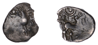 British Iron Age, ICENI, Uninscribed issues, silver Half-Unit, Barley Crescent type, ear of barley or palm-branch in...