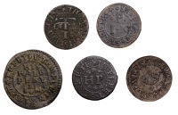 CITY, Fleet Street, John Leigh, Halfpenny, 1.39g/12h (N 6970, this piece; BW. 1084); H.P. at 3 sqvirells, Farthing,...