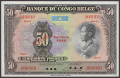 Banque du Congo Belge, specimen 50 Francs, emission 1949, serie I, red serial number 000000, Feyerick and Charles...