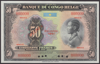 Banque du Congo Belge, specimen 50 Francs, 1951, series Q, all-zero serial numbers, Feyerick and Charles signatures,...