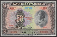 Banque du Congo Belge, specimen 50 Francs, 1952, series U, all-zero serial numbers, Feyerick and Callens signatures,...