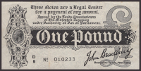 Treasury Series, John Bradbury, £1, 7 August 1914, serial number D/9 010233, 20mm tear at lower left margin, large...