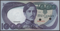 Banco de Portugal, colour trial 1000 Escudos, ND (1967), small red SPECIMEN overprints and single cancellation hole,...