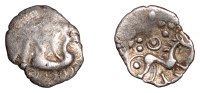 British Iron Age, ICENI, Uninscribed issues, silver Half-Unit, Stickman Boar type, stylised boar right, S-shaped...