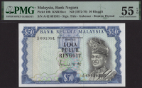 Bank Negara Malaysia, 50 Ringgit, ND (1972), serial number A/42 691391, Ismail Mohd. Ali signature, in PMG holder 55...